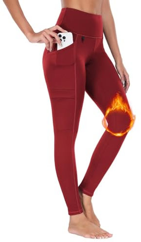 BAYGE Damen Thermo Wander Leggings Winter Hohe Taille Fleece Gefüttert Wasserdicht Blickdicht Bauchkontrolle Slim Fit Wanderhose Yogahose Radlerhose Sporthose Sweathose mit Taschen, Rot, M