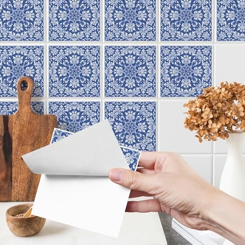 Muralo - Fliesenaufkleber Klebefliesen Selbstklebende Fliesen für Küche Bad Möbel Schrank Wand Mosaikfliesen Küchenruckwand - Blaue klassische Ornamente Motiv - 24 Stück 25x25 (150x100cm)