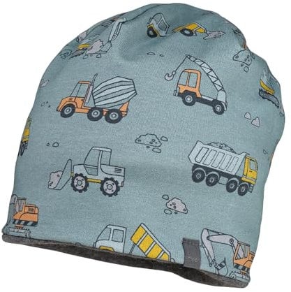 maximo Mini-Beanie für Jungen, Herbst/Winter, Jersey Bedruckt BW-Fleece Futter Graumeliert mit Baustelle, Gr. 51