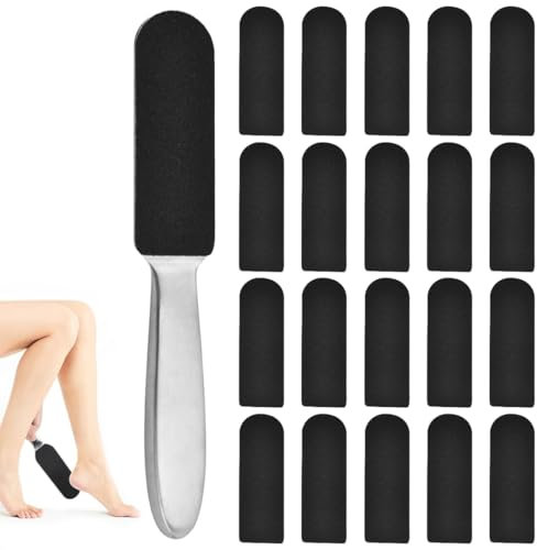 MIRKUZI 1 lima para pies con 20 recambios de lima para pedicura, lima para pies de acero inoxidable con papel de lija de repuesto, removedor de callos de acero inoxidable para piel seca