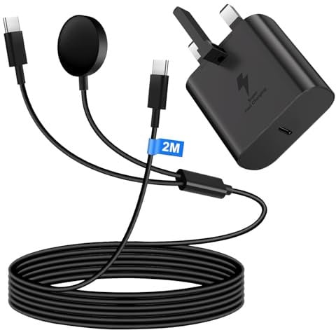 2 in1 Samsung Watch Charger for Galaxy Watch 7/6/6 Classic/5 Pro/5/4 /4 classic/3/Active2/1, 25W USB C Fast Charger for Samsung Galaxy S25 Ultra/S24 Ultra/S23/22/21, Wireless Smart charger Samsung(2M)