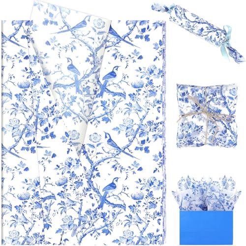 20 Sheets Blue Floral Bird Tissue Paper, 20'' x 14'' Chinoiserie Floral Bird Pattern Gift Wrapping Tissue for Wedding Bridal Shower Birthday Gift Bag Fillers Party Favors