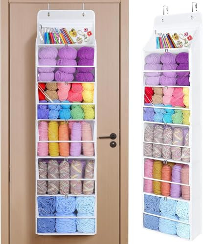 Tür hängende Wolle Aufbewahrung, Hängeorganizer Tür mit 5 durchsichtigen Kunststofftaschen & 3 großen Metallhaken für Stricknadeln,Hängender Garn-Organizer für Stricknadeln, Häkelnadeln, Nähkugeln