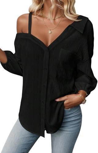 Maeau Womens Shirt Tops Button Down Shirt Off Shoulder Tops Office Work Shirts Long Sleeve Casual Loose XL Black