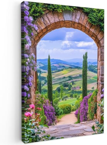 MuchoWow© Bild auf Leinwand Groß 80x120 cm XXL Schlafzimmer Bilder Badezimmer Wand Deko Wohnzimmer Modern Wanddeko Bilderwand Geschenk Fensterblick - Toskana - Landschaft - Einfahrt
