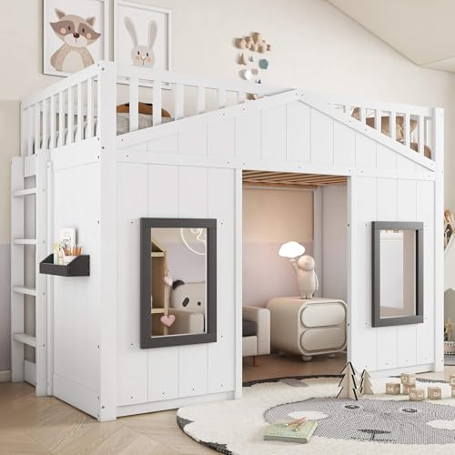 HYUB Hochbett Hausbett 90x200 cm mit Leiter und Fallschutz, Etagenbett Kinderbett mit Stauraum und Lattenrost, Bettgestell mit Rausfallschutz, Weiß