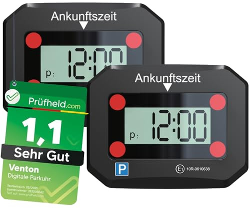 VENTON [ Test SEHR GUT, Note 1.1 *] 2 Stück V2 Elektronische Digitale Parkscheibe schwarz mit Zulassung, Automatische elektrische Parkuhr, Auto Zubehör Innenraum, Gadgets, Autozubehör elektronisch