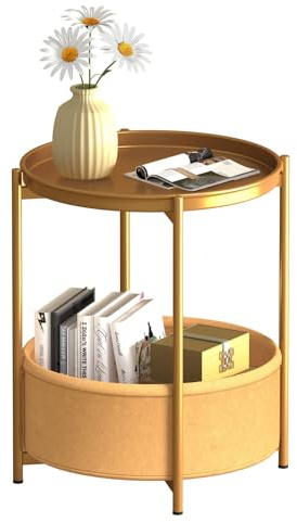 Garden 4 you Side Table, Round End Table with Fabric Basket, 2-Tier Sofa Side Tables, Bedside Tables, Nightstand for Living Room, Bedroom, Office, Modern Style, Gold