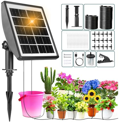 Solar Automatische Bewässerung Outdoor Bewässerungssets für 15 Topfpflanzen, Indoor Gartenbewässerungssystem mit Wassertimer, 15 M Schlauch und USB-C Kabel für Garten, Balkon Pflanzen (15 Tropfer)