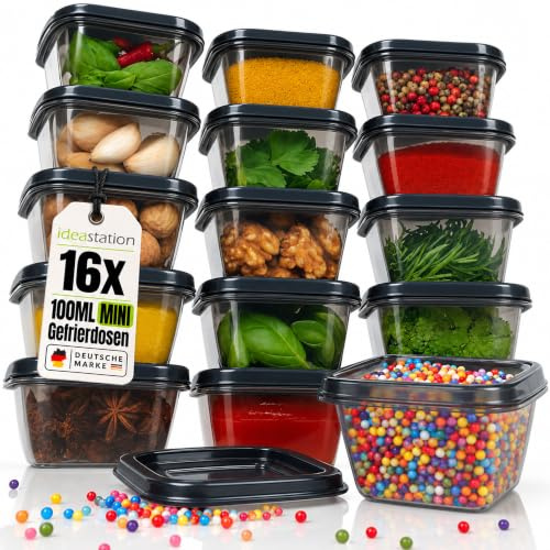 idea-station contenitori piccoli per freezer 16x 100 ml - per alimenti | Senza BPA + Riutilizzabili + Lavibili - mini contenitore plastica con coperchio - contenitori monoporzione per congelatore