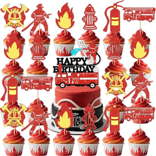 25 Stk Feuerwehrmann Geburtstagskuchen Dekoration, Feuerwehrmann Party, Themenparty Dekoration, Cupcake, Geburtstagsartikel für Kinder, Baby Bad