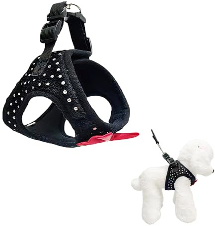 Harnais Gilet pour Petit Chien et Chat, Harnais Strass à Clés | avec Laisse et Pochette, Anti-Traction et Confortable, pour Promenade, Voyage et Photos, Style Élégant Noir à Noeud Rouge