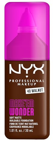 NYX Professional Makeup Make 'Em Wonder Foundation, 24H Soft Matte Aufbaubare Foundation, Mit hoher Deckkraft, Mattes Finish, 39 Walnut