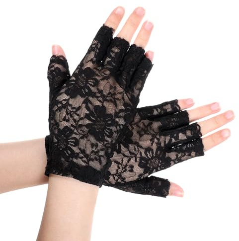 Qulkws Short Black Lace Gloves Fingerless, Women Short Lace Gloves, Sunblock Fingerless Bridal Wrist Glove for Wedding, Tea Party, Cosplay, Costume, Opera Evening Prom | Short Black Lace Gloves Fingerless for Wedding Tea Party Cosplay Costume Opera Night Prom