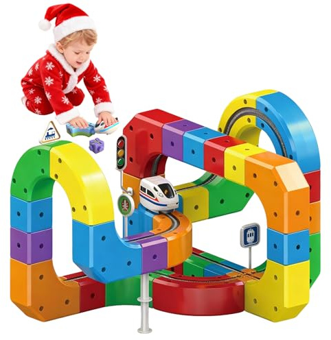 Clickrail Elektrisches Magisches Schienen-WüRfelzug-Set, Magischer Schienenblock, Magnetische Auto-Bahn, DIY Magnetische Zugstrecken-Set FüR Kinder, Schwerkraftwidrige 3D-Eingelassene Layouts (81Pcs)