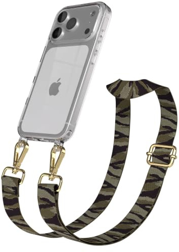EAZY CASE Handykette - Verstellbares Taschenband kompatibel mit iPhone 17 Pro, Schulterriemen, Handykordel mit Silikon Hülle, Umhängetasche, Grün Camouflage Gold