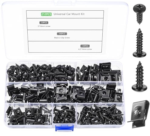 212 Pcs Tornillos y Tuercas de Clip para Coche, U Clips de Grapas Coche Paneles de Puerta, Tornillos Autorroscantes y Tuercas en U de Metal para Fijación Automóviles Guardabarros de Parachoques