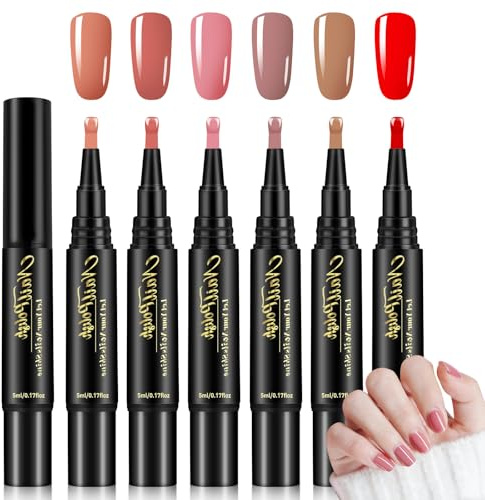 BUTBU 6PCS Nail Polish Pens, 3 in 1 Gel Nails Polish Pen Set, One Step DIY Nail Varnish Pens, No Base Coating Required, Easy Application Crafts Pen, nail Tools for Women Girls (Set A)