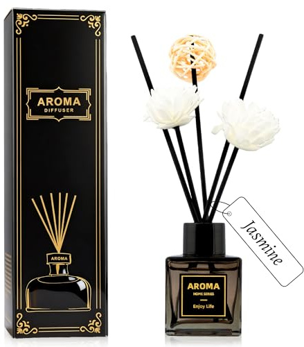 Black Glass Bottle Reed Diffuser, 50ml Long Lasting Jasmine Scent Air Freshener for Home & Room Decor, Room Diffuser with Decorative Sticks, Bathroom Air Freshener and Home decor