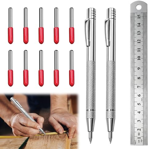 ikBrtaiay Juego de herramientas de trazar, 2 agujas de carburo de tungsteno, agujas de trazar, regla de acero de 15 cm, 10 puntas de repuesto, para rasgar y grabar azulejos de cerámica de cristal