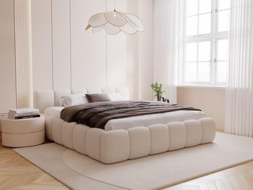 GRAINGOLD Cloud Low Bett, Polsterbett mit Bettkasten, Polsterbett mit Stauraum, Bouclé-Stoff, mit Lattenrost, mit Kopfteil, ohne Matratze (Beige, 180x200)