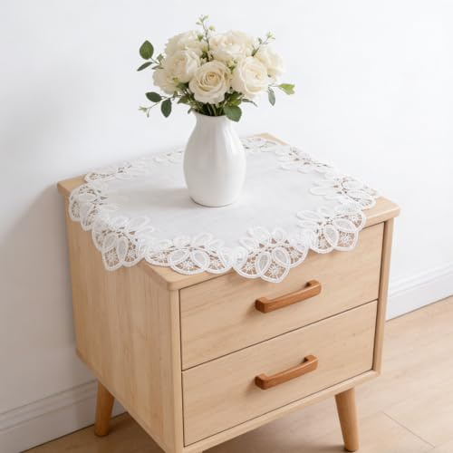 URROMA Leinen Spitzendeckchen,40 * 40cm Vintage Leinenspitze Tischdecke | Runde Abwaschbar Outdoor Wetterfest Stoff tischdecke weiss polyester für Möbel,Esszimmer,Küche,Hochzeit,Couchtisch