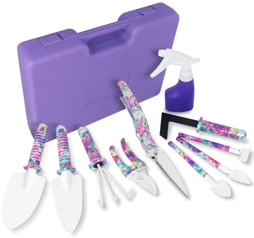 Tazoueoo Gartenwerkzeug Set, 10-teilig mit Koffer, Lila Blumenmuster | Gartengeräte Set als Gartengeschenk für Frauen; geordnete Helfer zum Pflanzen, Lockern, Schneiden, Gießen und Jäten