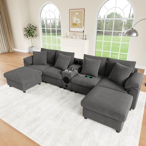 Modulares Ecksofa mit Bluetooth Lautsprecher & Konsole – Cord Sofa mit USB & kabelloser Ladestation, Getränkehalter & Stauraum – U- & L-förmig kombinierbar, Grau, 315x144x84,5 cm – für Wohnzimmer