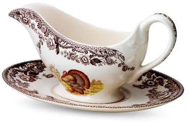 Spode Turkey Collection Sauce Boat with Stand - 11 oz Fine Porcelain Gravy Server with Holiday Turkey Design, Dishwasher, Microwave & Warm Oven Safe - Classic Thanksgiving Tableware