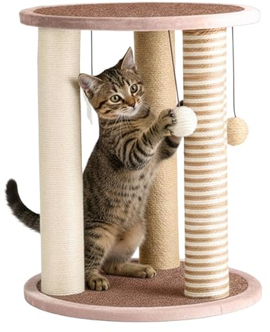 Petmaker Cat Scratching Post - 3 Scratcher Posts with Carpeted Base Play Area and Perch - Furniture Scratching Deterrent for Indoor Cats (Brown), Large