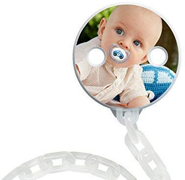 NUK Schnullerkette mit persönlichem Bild, Text, Widmung oder Datum, praktisches Clip-System, BPA frei (weiß) myNUK1025PC