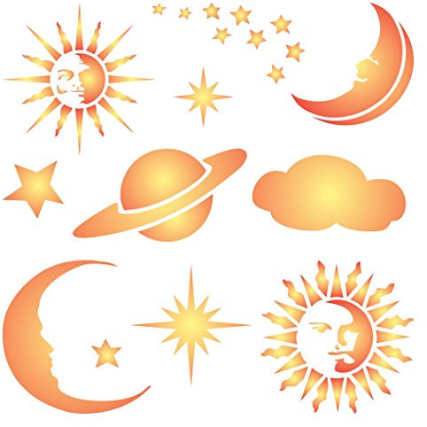Pochoir Celestial – 11,5 x 11,5 cm (S) – Réutilisable, Soleil, Étoiles, Lune, Planète, Saturne, Nuage Mural Pochoir