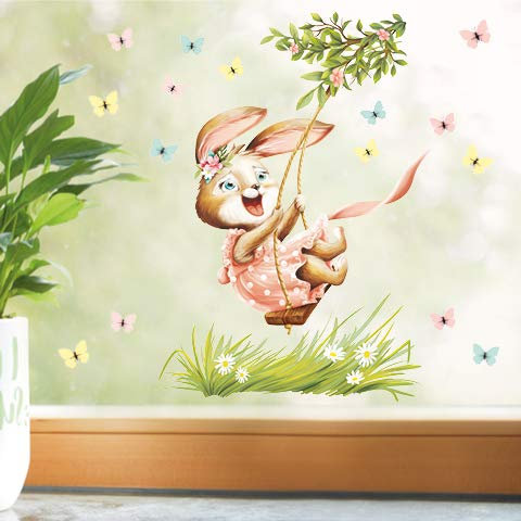 Wandtattoo Loft Fensterbilder Frühling Hasen mit Schaukel Motiv – A3 Bogen, Wiederverwendbar – Frühlingsdeko Fenster, Frühlingsbild Fenster, Fensterdeko Frühling, Fensterfolie Frühling Selbstklebend