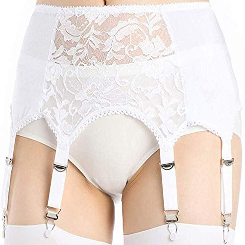 Alacki Retro Floreale Pizzo Pannello Hollow Reggicalze Corte Stile 6 Cinghie Bretella - bianco - Medium