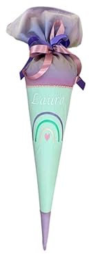 Glückspilz Schultüte mit Namen personalisiert, Regenbogen, Zuckertüte aus Musselin, mit Rohling, Lila