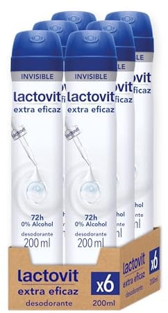 Lactovit Desodorante en Spray Extra Eficaz, Máxima Protección 72 Horas, sin Alcohol ni Irritaciones, Desodorante Invisible, Equilibrio Óptimo entre Eficacia y Cuidado- Pack de 6 x 200 ml | Ofrece hasta 48 horas de protección frente al sudor cuidando la piel de las axilas