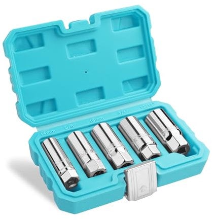 DURATECH Spark Plug Socket Set, 5-Piece SAE & Metric Cr-V Spark Plug Sockets (14mm, 18mm, 5/8, 3/4, 13/16), 6 Point & 12 Point Thin Wall 3/8 Drive Spark Plug Removal Tool for Car, Small Engines