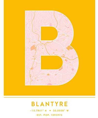 Wee Blue Coo Blantyre Malawi Stadtplan Gelb Ungerahmter großer Druck 46x61 cm
