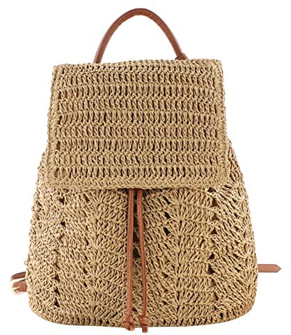 DKIIL NOIYB Bolsa de playa de paja para mujer, mochila de paja tejida bohemia, mochila de paja hueca, mochila casual de playa para verano, playa, vacaciones, 01-marrón claro, 60