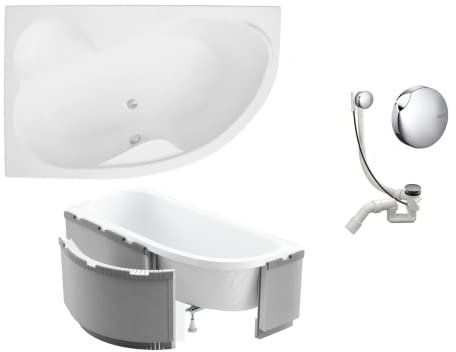 VBChome Baignoire gauche - 160 x 105 cm - En acrylique - Support de baignoire - Siphon - Baignoire d'angle - Design moderne - Avec support en polystyrène et pieds - Blanc