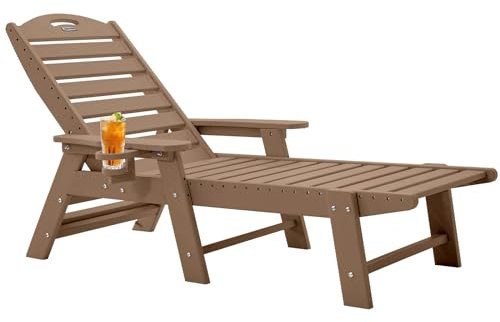 Chaise Lounge per esterni, sedie da patio per esterni, sedia a sdraio con 5 posizioni, sedia a sdraio in HDPE con portabicchieri per piscina a bordo piscina, cortile, prato, legno