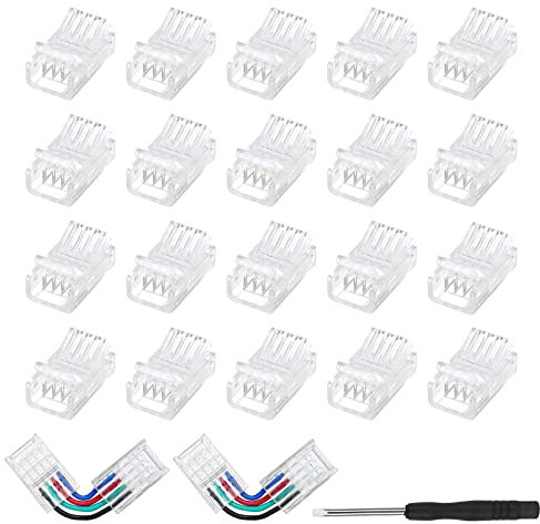 HUAZIZ 22 Stück 4 Polig 10 mm LED Strip Verbinder mit Schraubendreher RGB/5050/3528 LED Streifen (für Verlängerungskabel Lichtleistenanschluss)