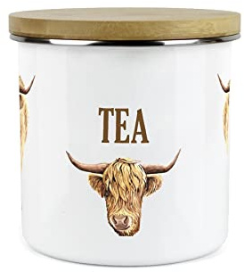 Purely Home Highland Cow Tea Canister - White Metal Enamel Kitchen Food Storage Container