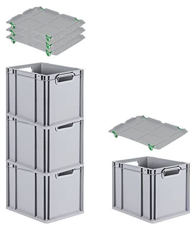 PROREGAL SuperSparSet 4x Eurobox NextGen Grip mit Auflagedeckel & 4 grünen Schiebeschnappverschlüssen, HxBxT 32x30x40cm, 30 L, Grau, Griffe offen, Eurobehälter, Transportbox
