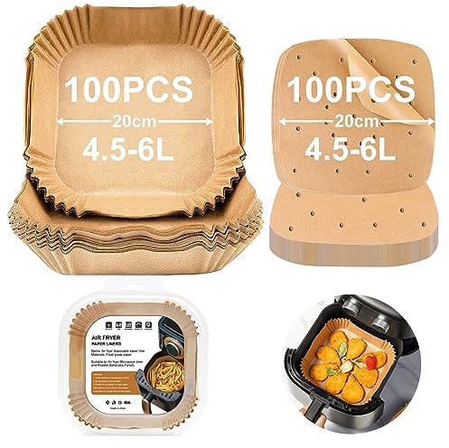 Carta Forno Per Friggitrice Ad Aria, 200 Pezzi Teglie Per Friggitrice Ad Aria Quadrati, Antigrasso Antiaderente Fodera in Carta Forno Monouso Quadrato Per Friggitrice ad Aria 5-6L (20cm)
