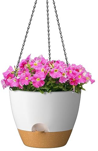 ZMTECH Maceta Colgante de 30cm con Labio de Riego Maceta de Riego Automático de 12 Pulgadas con Agujeros de Drenaje y Platillo Extraíble Maceta de Plástico para Plantas de Interior y Exterior (Blanca)