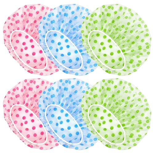 Cozevdnt 6 Stücke Duschhaube Damen, Wasserdichte Duschhauben, Wiederverwendbare Kunststoff Duschkappe für Mädchen Frauen Dusche Spa Salon Hauptgebrauch (Blau, Grün, Rosa)