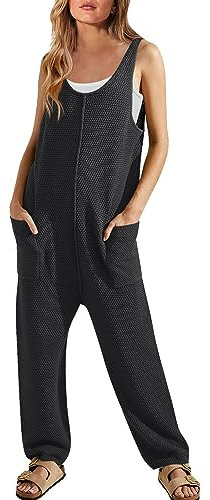 Salopette da donna in maglia a costine, senza maniche, casual, tinta unita, tute durevoli da lavoro, con gamba dritta, pantaloni a palazzo con tasche, Nero , XXL