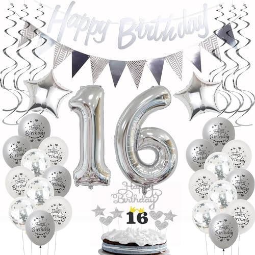 Silber Geburtstagsdeko 16 Jahre Mädchen Junge,ballon 16 Geburtstag Mädchen Deko, Luftballons 16. Geburtstag Deko silber ,Party 16. Junge Tortendeko