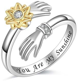 Yifnny Umarmungsring, Verlobungsring Gravierte Worte Umarmung Hände Offener Ring Verstellbar Ring Mutter Geschenk für Männer und Frauen Schmuck (You Are My Sunshine)